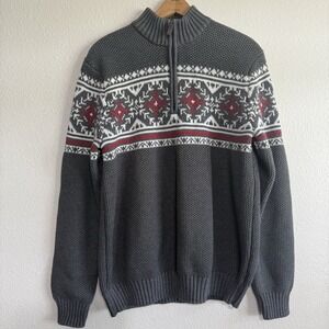 Izod Men's Fair Isle Nordic Sweater Quarter Zip Mock Neck‎ Size Large Gray Red